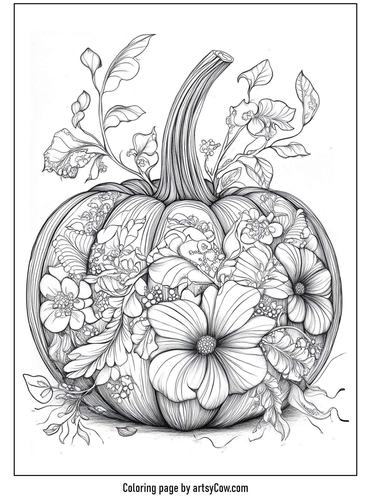 thanksgiving coloring pages for adults featuring a detailed pumpkin adorned with intricate flowers and leaves, perfect for a mindful coloring experience.